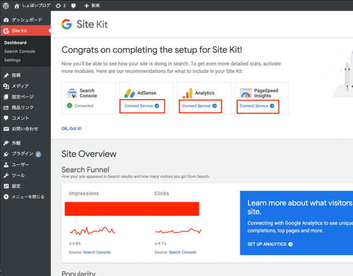 sitekit by googleの管理画面